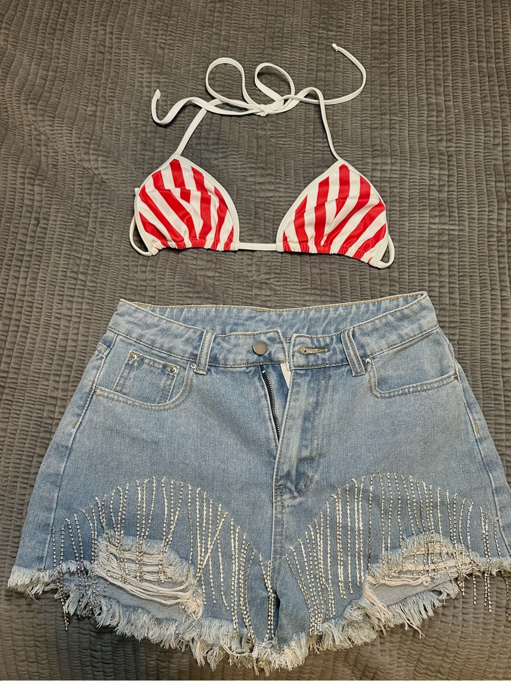 New size S Diamond Embellished Light Blue Denim distressed fringe Shorts